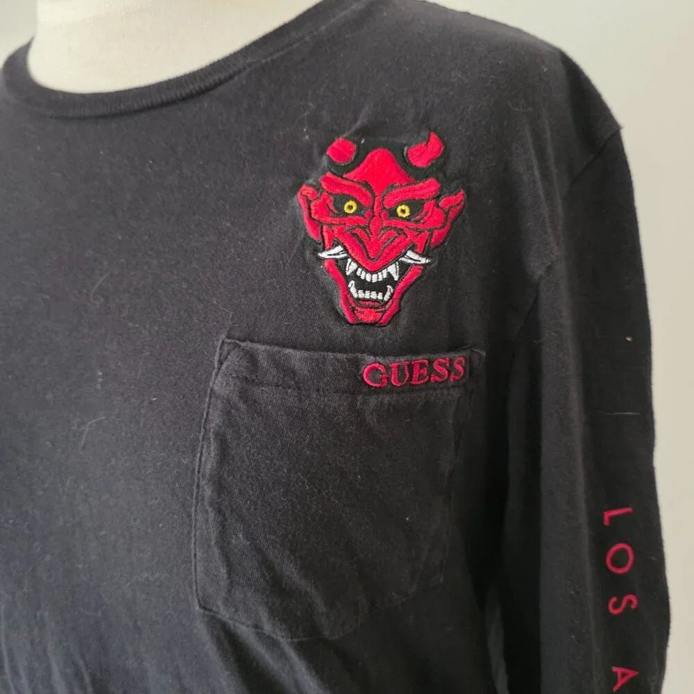 Guess Los Angeles Graphic Devil Face Long Sleeve Black T Shirt Pocket & Sleeve S - Picture 2 of 8